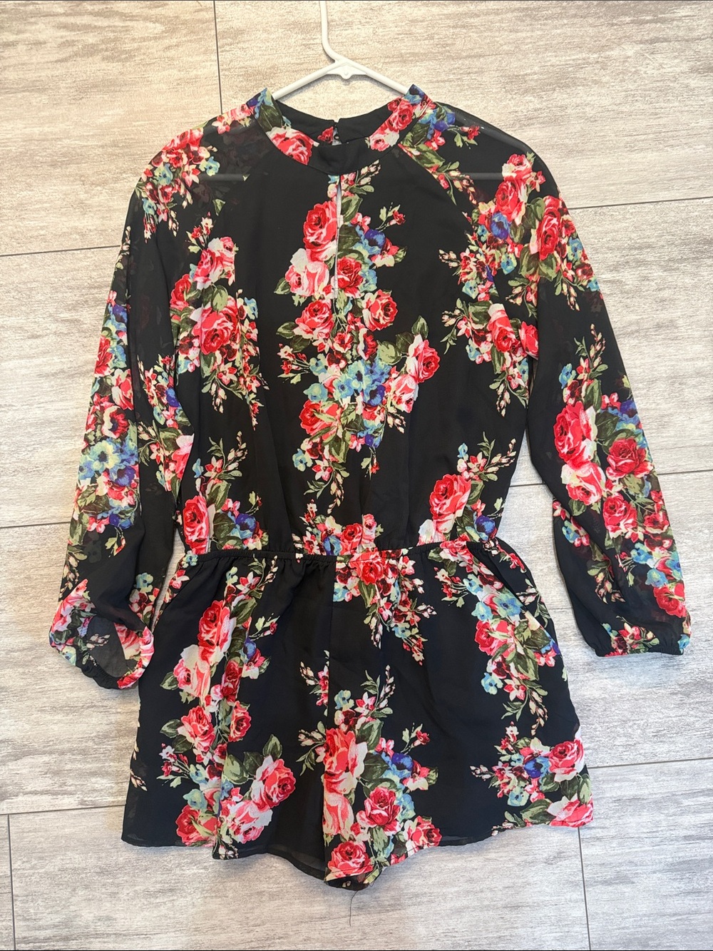 Saks Fifth Avenue Black Floral Romper with Red & Pink Roses
